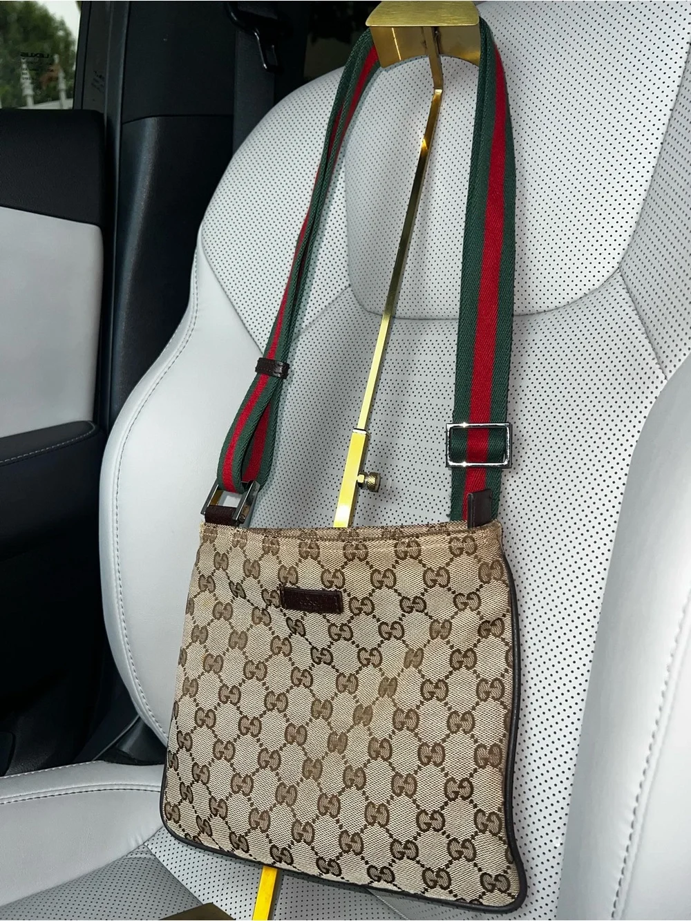 Gucci Beige GG Supreme Crossbody with Green-Red Web Strap